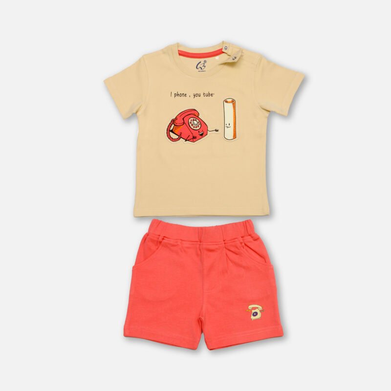 Kids Set Printed Crew Neck Snap-button(Coral)