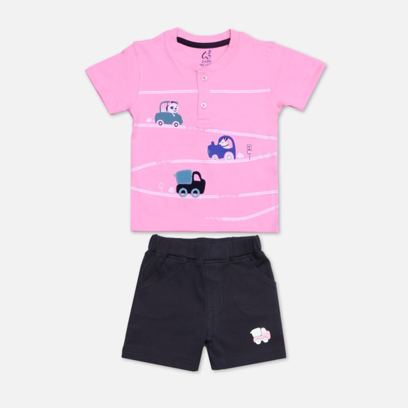 Kids Set Printed Henley Neck Pink)