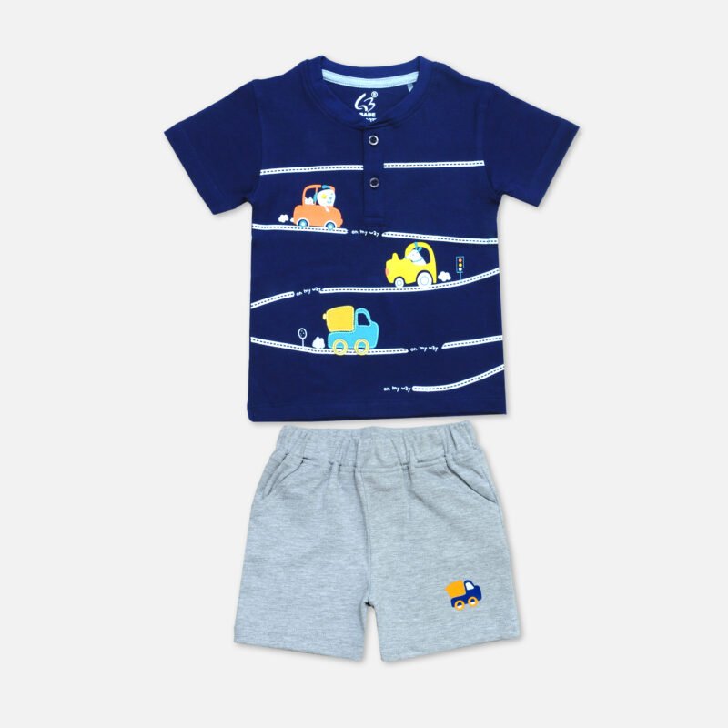 Kids Set Printed Henley Neck (Navy Blue)