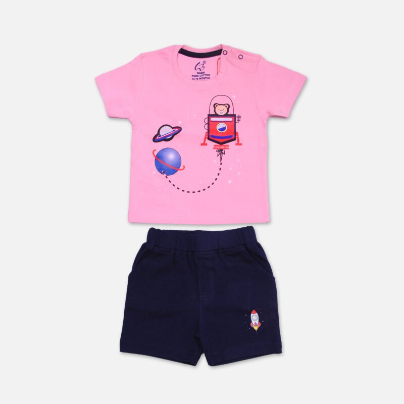 Kids Set Printed Round Neck (Pink)