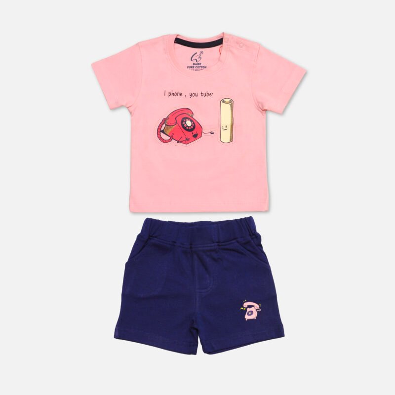 Kids Set Printed Crew Neck Snap-button(Pink)